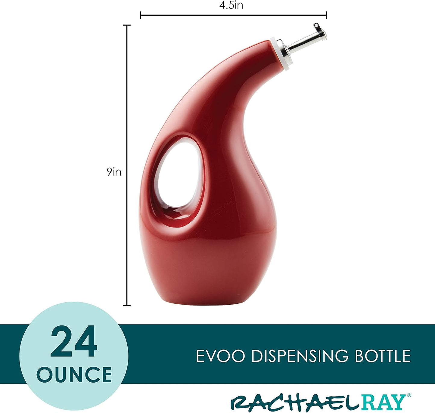 Rachael Ray Ceramic EVOO Oil and Vinegar Dispensing Bottle with Spout, 24 Ounce - Cranberry Red