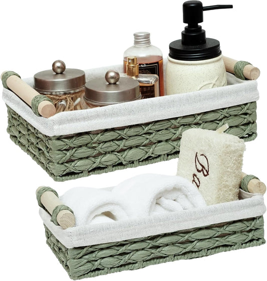 Storage Basket Wicker Baskets for Organizing with Handle Decorative Storage Bins for Countertop Toilet Paper Storage Basket for Toilet Tank Top Small Baskets Set (Set of 2,Green)