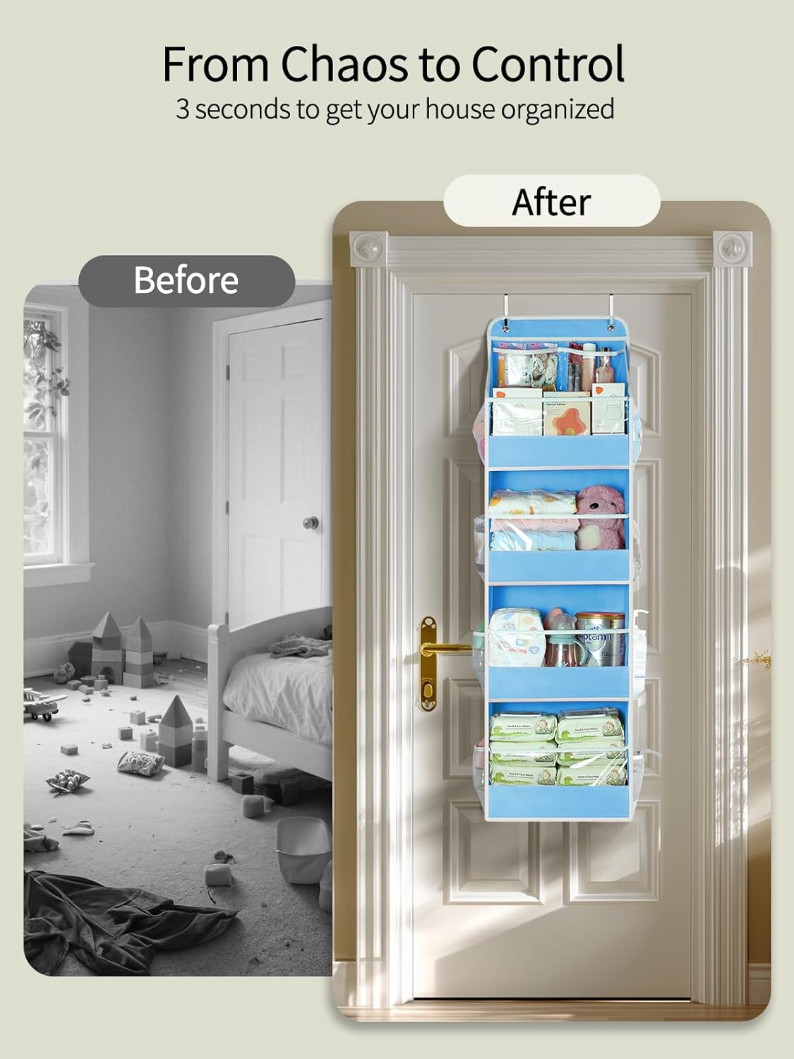 Yecaye 5 Tier 2Pc Over the Door Organizer, Swing-proof Door Organizer Hanging with Clear PVC Windows, Behind the Door Storage for Bedroom Nursery Closet Laundry Pantry Bathroom, Soft Sky Blue