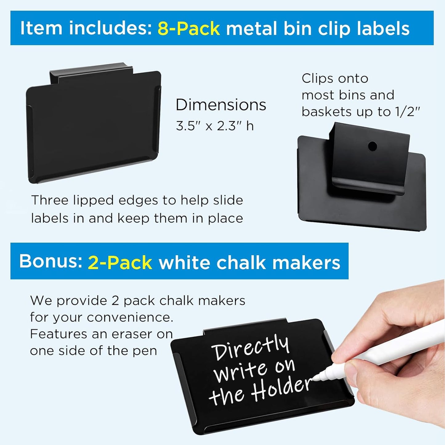 Metal Pantry Baskets Labels Clip On for Storage Bins | Edge Fold-Cream (Edge Fold-Black, 8 Metal Label Clip)