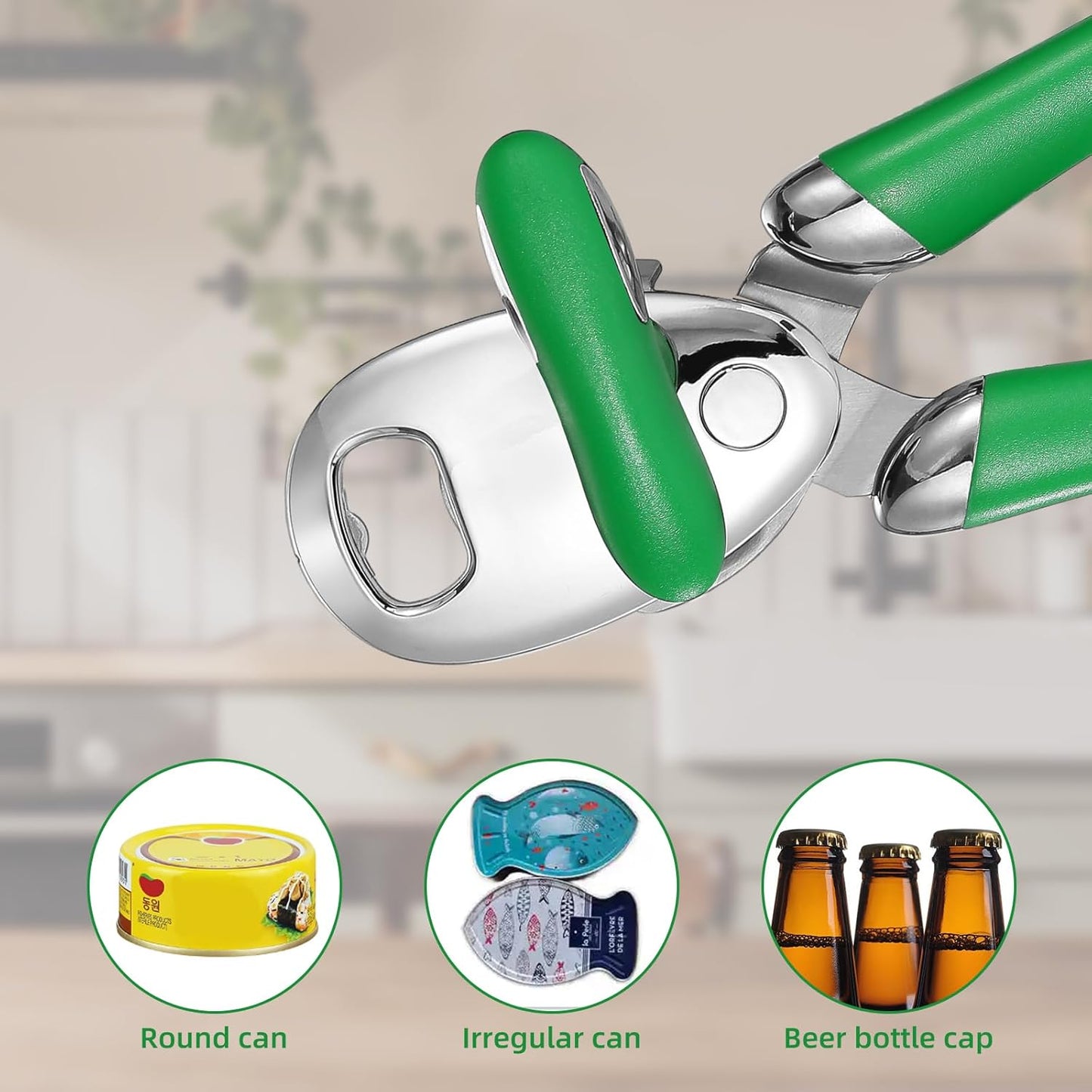Multi-function Manual Can Opener Bottle Opener, Oversized Hand-held Easy Rotary Knob, Safe Cut Can Opener with Non-Slip Handle, Smoother Cut Sharp Blade for Seniors Kitchen Tool, GREEN