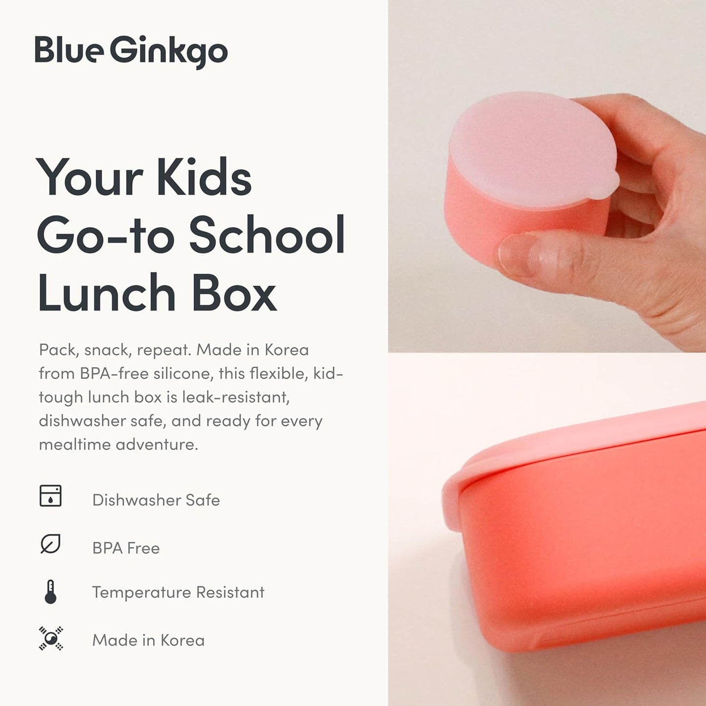 BLUE GINKGO Silicone Lunch Box Set – Durable Heavy-Duty Silicone Bento Box, Microwave, Freezer, Dishwasher Safe – Airtight, BPA Free (Made in Korea, Coral)