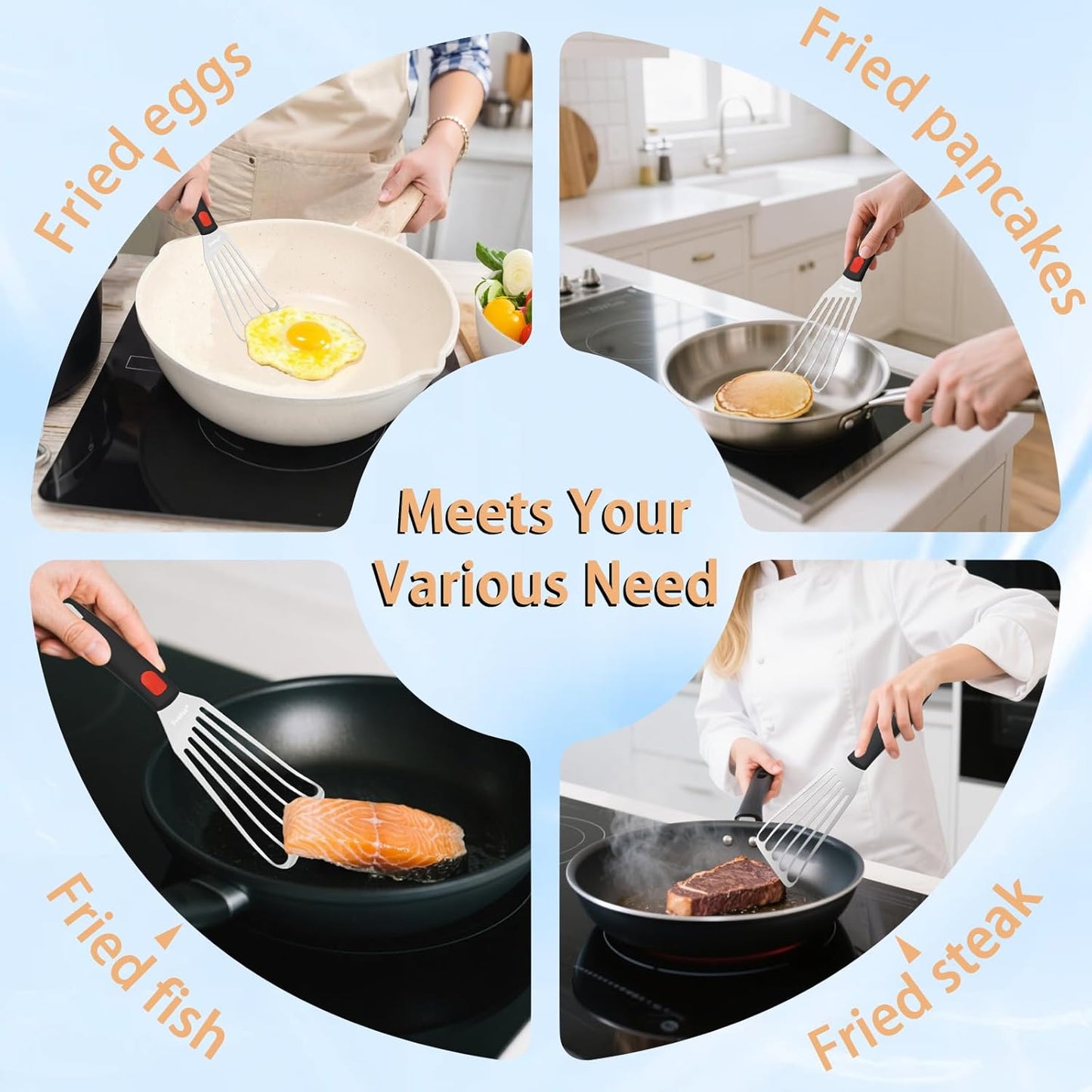 Fish Spatula Stainless Steel, Flexible Metal Spatulas with Silicone Handle, Slotted Turner for Kitchen, Cooking, Grilling, Flipping, Turning, Egg, Pancake and Burger (Small, 10.3 Inch)