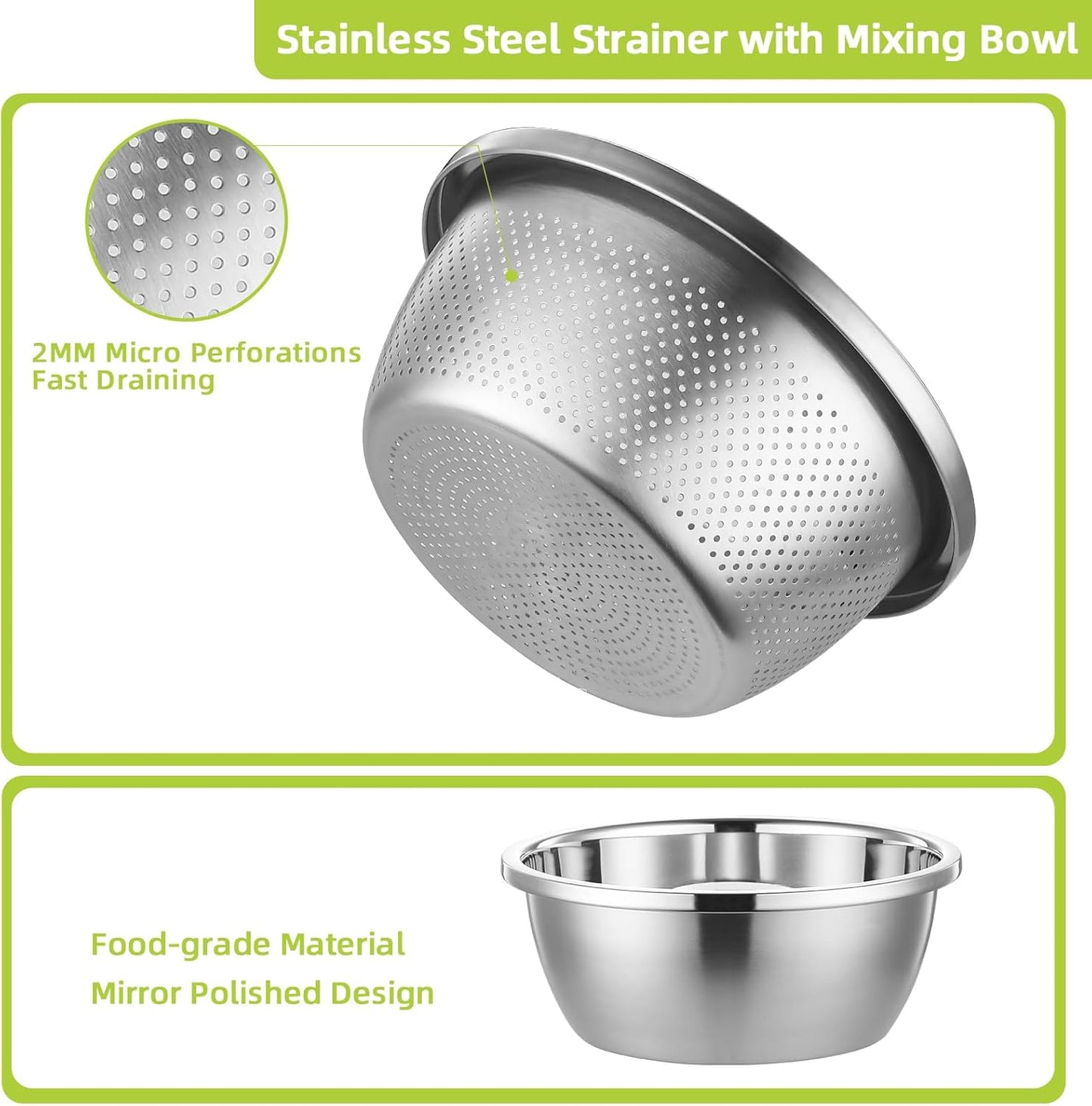 Colander Stainless Steel 304 with Mixing Bowls, 5QT Large Capability Strainers and Colanders for Kitchen, Pasta Strainer for Washing Vegetables, Fruit and Rice, Dishwasher Safe(2PCS)