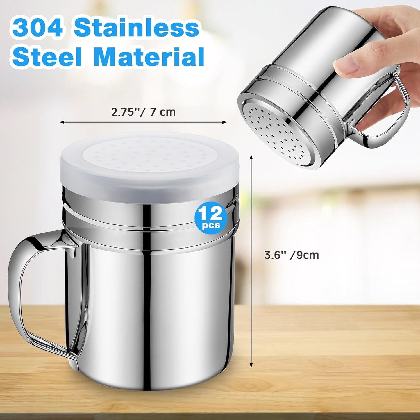 Lallisa 12 Pcs 10 oz Stainless Steel Spice Shakers with Holes and Lids Dredge Shakers with Handle Versatile Salt Shaker for Sugar Pepper Seasoning Flour Popcorn Cinnamon Powder Container Accessories