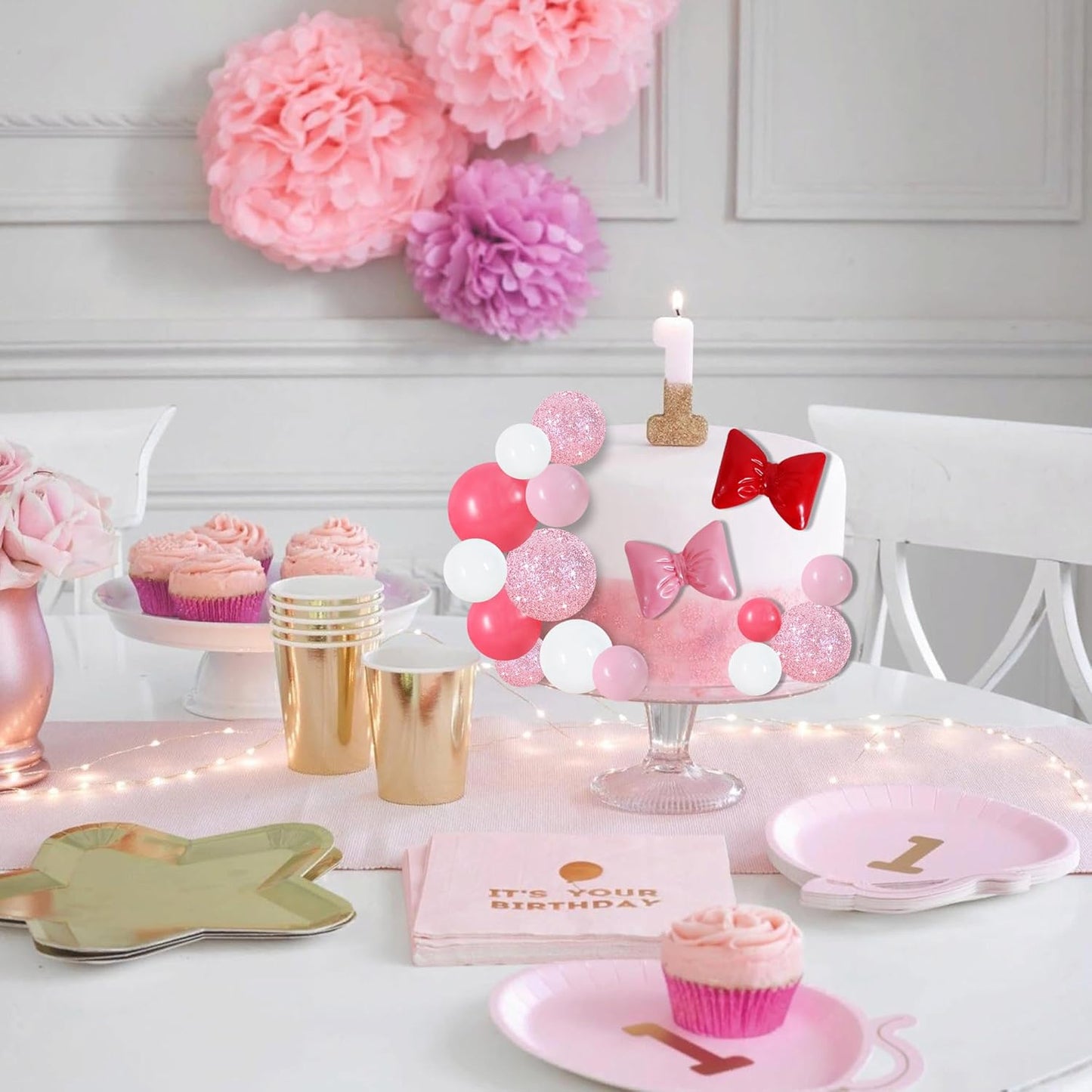 BEISHIDA 42 pcs Foam Ball Cake Toppers with Sticks Includes 2 Bow Cake Decor Perfect for Birthday Party Pink&White Theme Party Decor Wedding Anniversary Celebration(Pink, White)