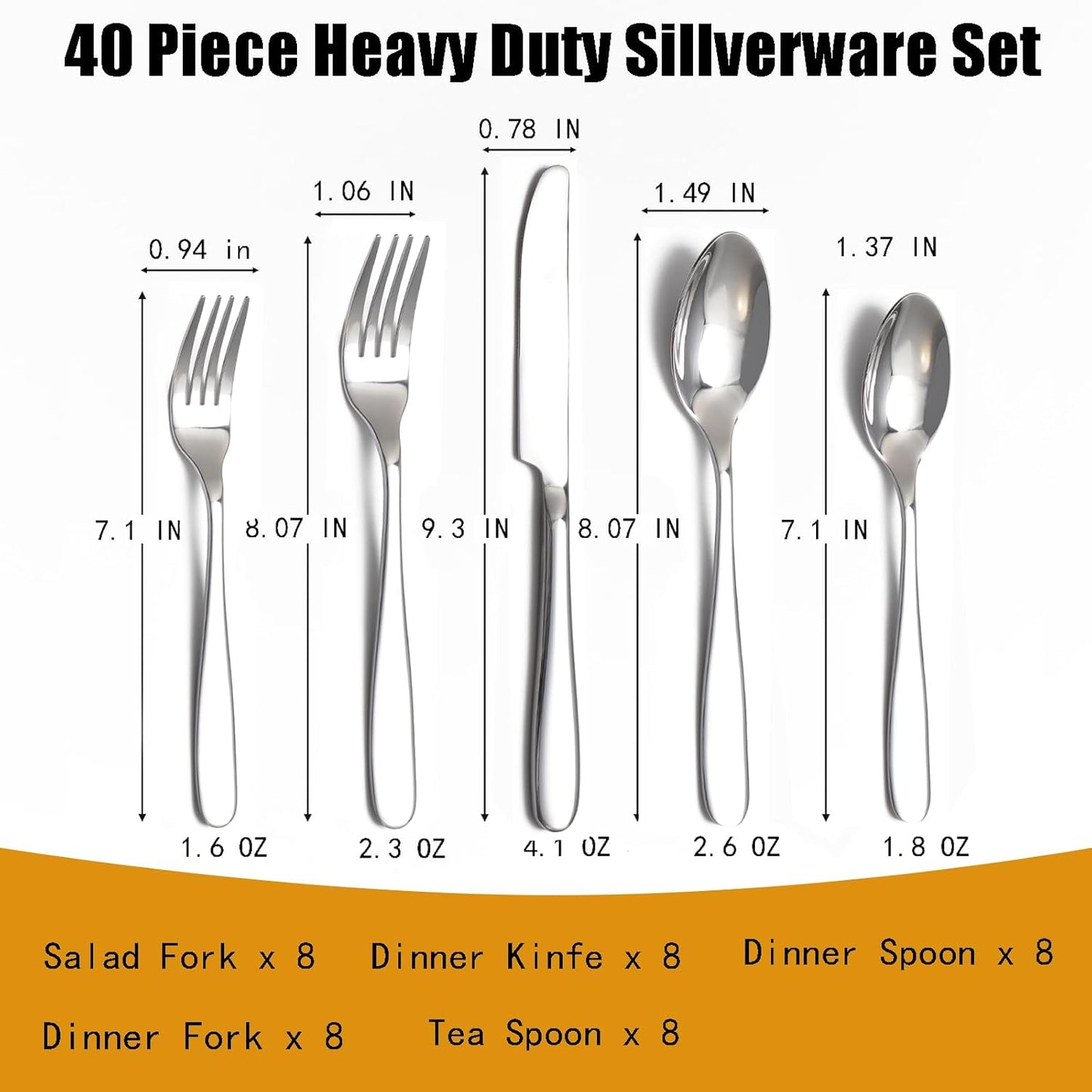 40-Piece Silverware Set, Flatware Set for 8, Food-Grade Stainless Steel Tableware Cutlery Set, Mirror Finished Utensil Sets for Home Restaurant, Forks Spoons and Knives Set, Dishwasher Safe