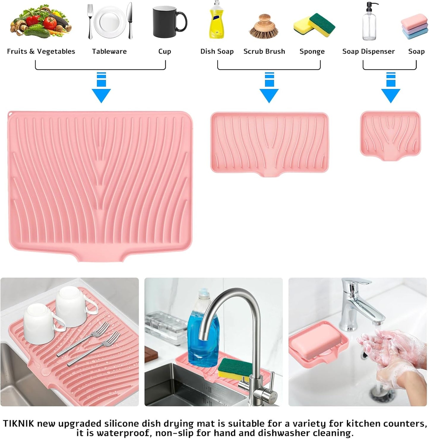 Silicone Dish Drying Mat for Kitchen Counter, Dish Drying Pad, Non-Slip Drain Pad with Built-in Drain, Heat Resistant Stone Drying Mat, 3 pcs (Pink)