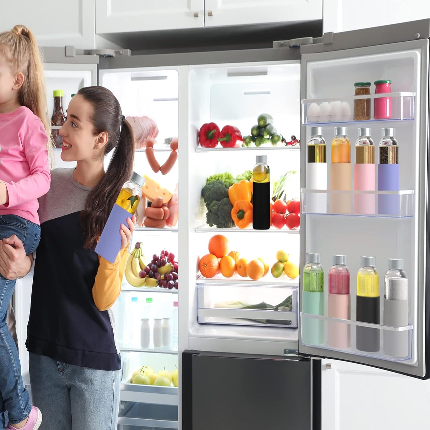 18 oz Glass Bottles with Lids and Silicone Sleeve, Reusable Glass Juice Bottles with Stainless Steel Cap for Juicing, Refrigerator,100% Leak Proof, BPA Free,Glass Water Bottles Set of 10