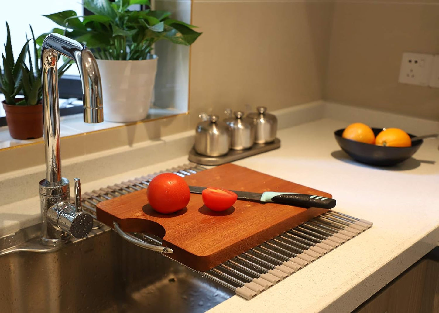 Ahyuan Roll up Dish Drying Rack Over The Sink Kitchen Roll up Sink Drying Rack Stainless Still Portable Drainer Foldable Dish Rack (Warm Gray, 17.8''X13.5'')