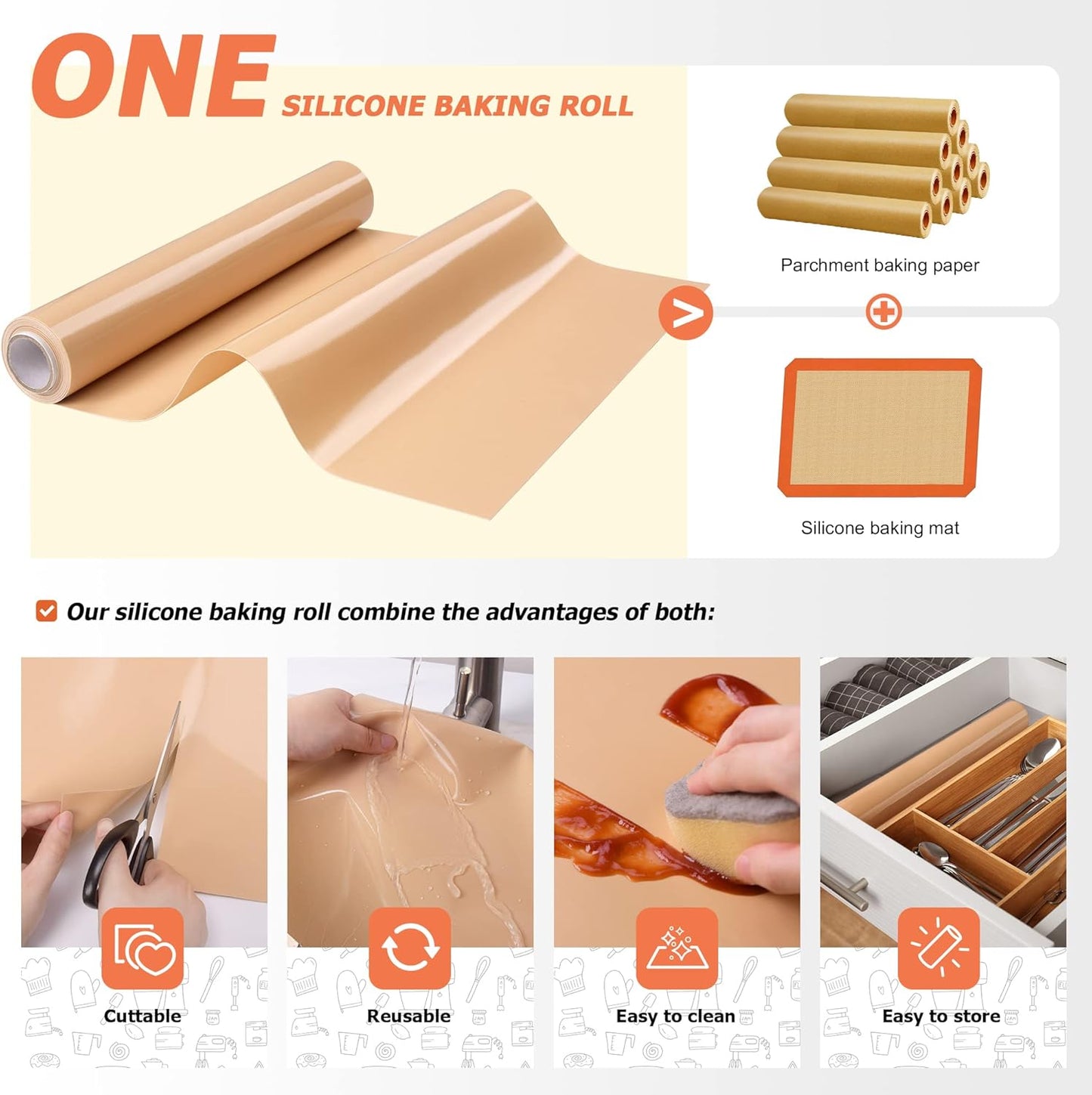 Silicone Baking Mat Roll - Best German Silicone - Non-slip Silicone Pastry Mat, Non-Stick Reusable Air Fryer Linner, Counter Mat, Oven Liner, Freeze Dryer Mat - 12IN x 10.7FT