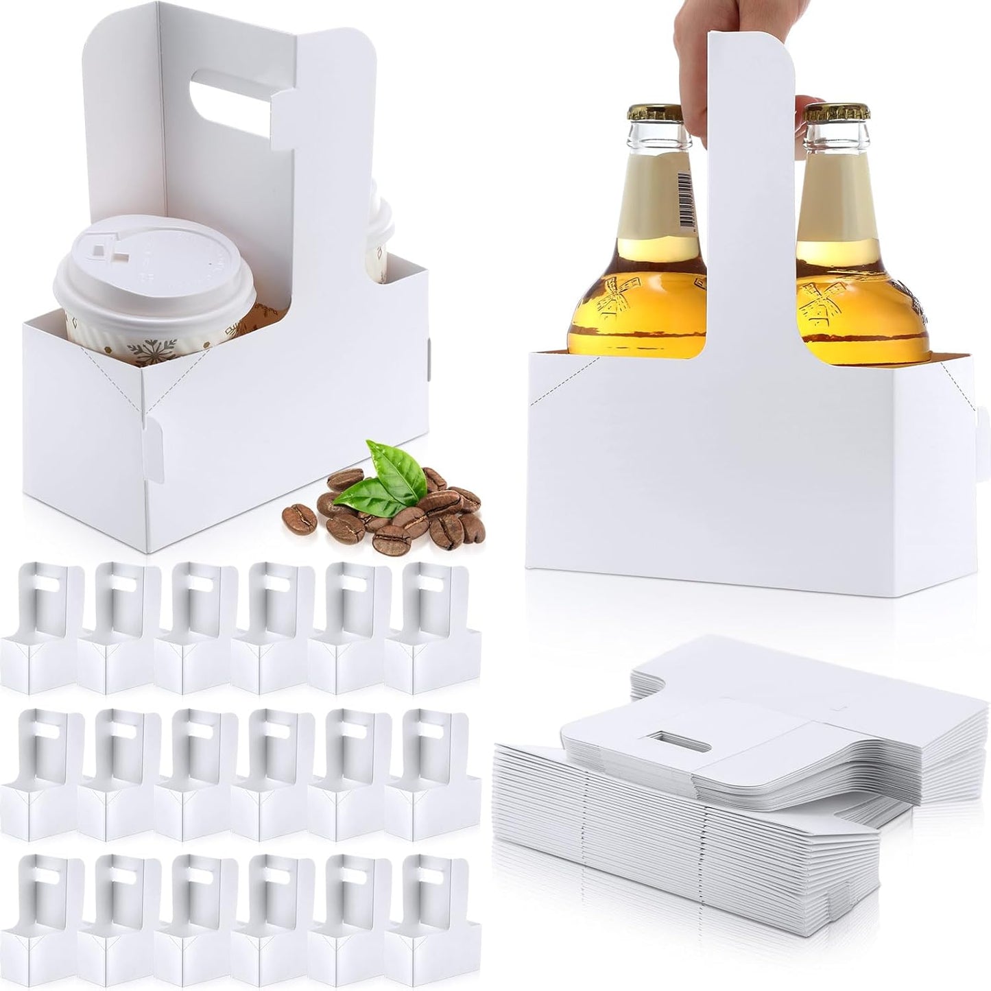 Kosiz 60 Pcs 2 Cups Drink Carrier with Handle 6.9 x 3.2 x 8.9 Inch Coffee Holder Paperboard Drink Caddy for Hot and Cold Beverage Takeout Cafe and Restaurant Xmas Wedding Food Delivery(White)