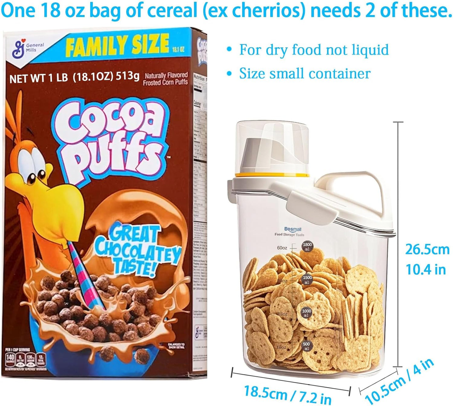 Cereal Containers Storage,2L Airtight Large Dry Food Storage Containers with Pouring Spout, Measuring Cup for Flour and Grain,BPA Free Plastic Dispenser ((1pcs) White-67oz)