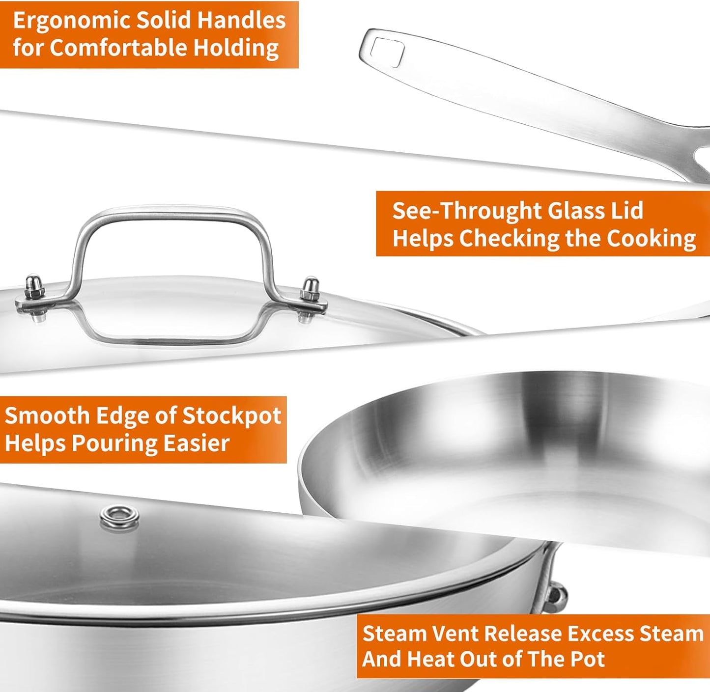 DELARLO Tri-ply Stainless Steel Frying Pan Set with Lid 8" 10" 12" large Skillets Induction Chef's Pan,Pots and Pans Set Kitchen Cookware Frying Pan Set Dishwasher and Oven Safe