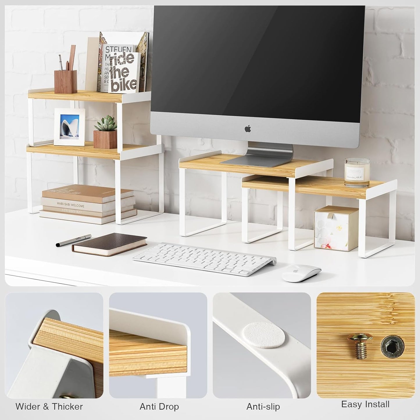 Kitchen Cabinet Organizer Set of 4, Desk Shelf Riser, Stackable Cabinet Pantry Cupboard Organizer, Kitchen Counter top Shelf, Storage Rack for Spices, Plates, Bamboo Wood, White