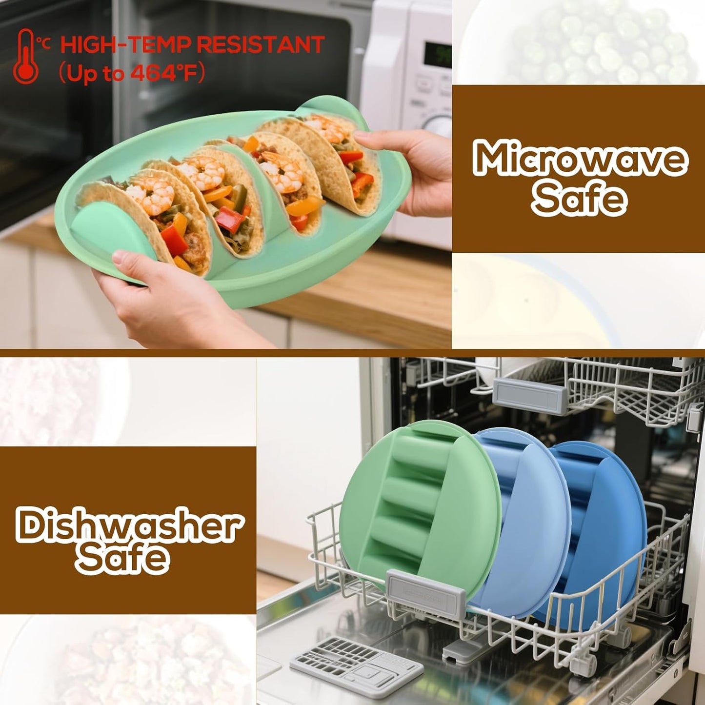 Silicone Taco Holder Plates Set of 3 - Reusable Taco Stand Plates with 4-Shell Slots, Oven/Microwave/Dishwasher Safe, Non-Slip Base for Tortillas Party Serving, Family Dinner & Meal Prep Accessories