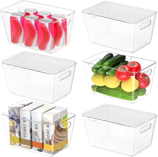 BALEINE Clear Stackable Storage Bins with Lids, Plastic Containers with Handle for Pantry Organizers and Storage, Plastic Bins for Fridge, Kitchen, Bathroom, Cabinet (10x6x5, 6PK)