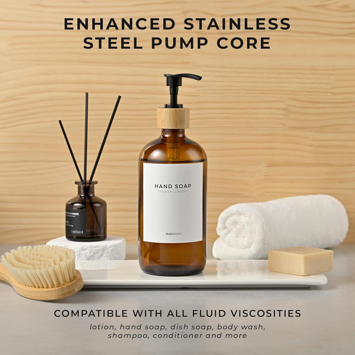 MaisoNovo Glass Hand Soap Dispenser | Dish Soap Dispenser for Kitchen | 16.9oz Amber Bottles with Black Bamboo Pump | Bathroom Lotion Dispenser