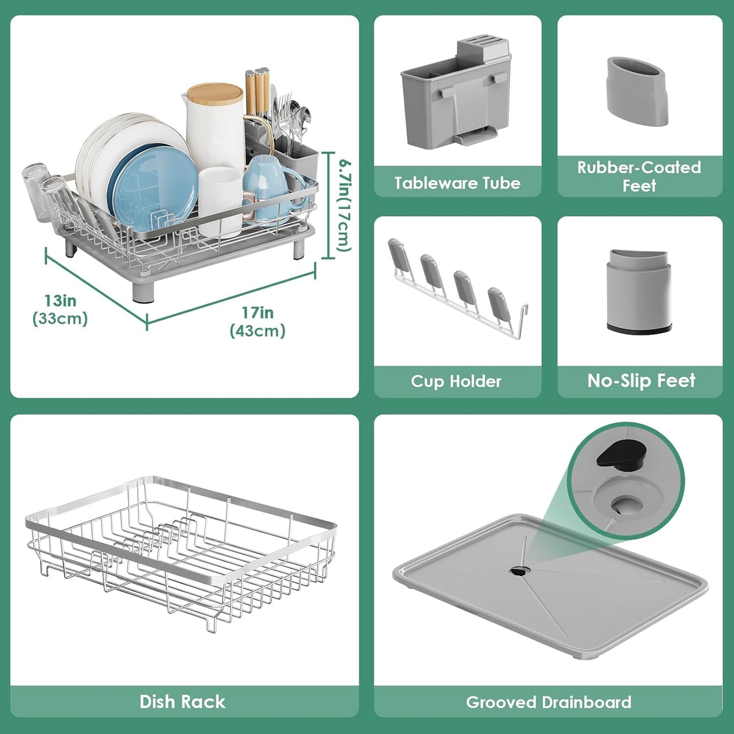 MOUKABAL Dish Drying Rack - Stainless Steel Dish Rack, Dish Racks for Kitchen Counter, Drying Rack Kitchen with Removable Utensil Holder, Drainboard and Glass Organizer (Grey)