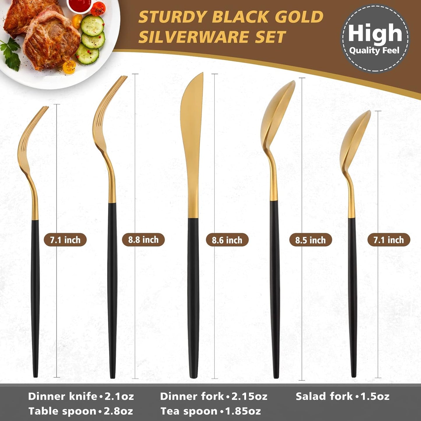 Matte Black Gold Silverware Set, Oliviola 40-Piece Stainless Steel Flatware Cutlery Set Service for 8, Satin Finish Kitchen Utensil Set, Dishwasher Safe