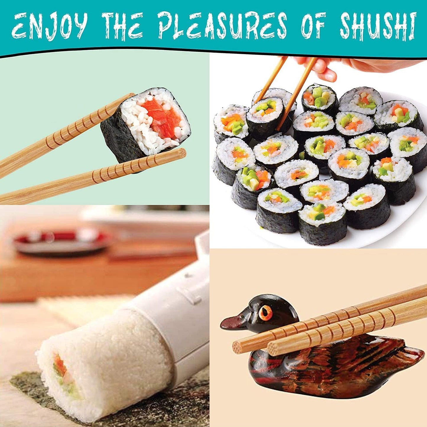Sushi Making Kit, 22 in 1 Sushi Roller Sushi Maker Kit with Bamboo Sushi Rolling Mats, Bazooka, Chef's Knife, Chopsticks, Sauce Dishes, Rice Spreader, Avocado Slicer, Guide Book