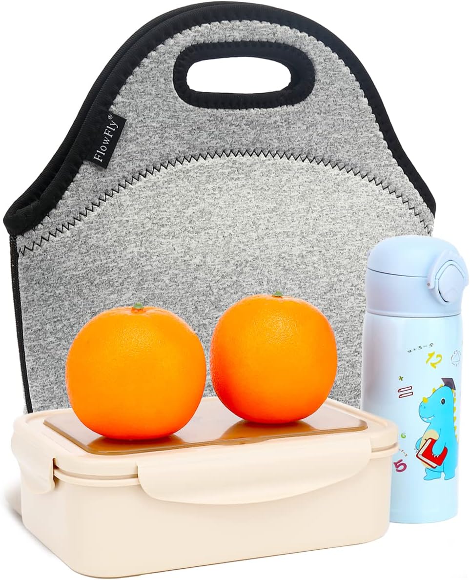 FlowFly Neoprene kids Lunch box Insulated Soft Bag Mini Cooler Thermal Meal Tote Kit for Boys, Girls,Men,Women,School,Work, Office, Grey