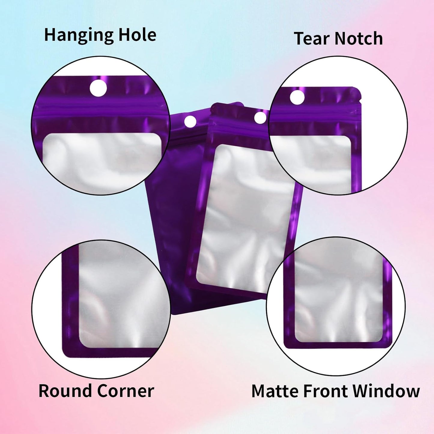 200 Pack Resealable Mylar Holographic Bags Food Storage Smell Proof Bags with Front Window Foil Packaging Pouch for Candy Sample Jewelry Small Business 3.15×5.51 Inch, Purple