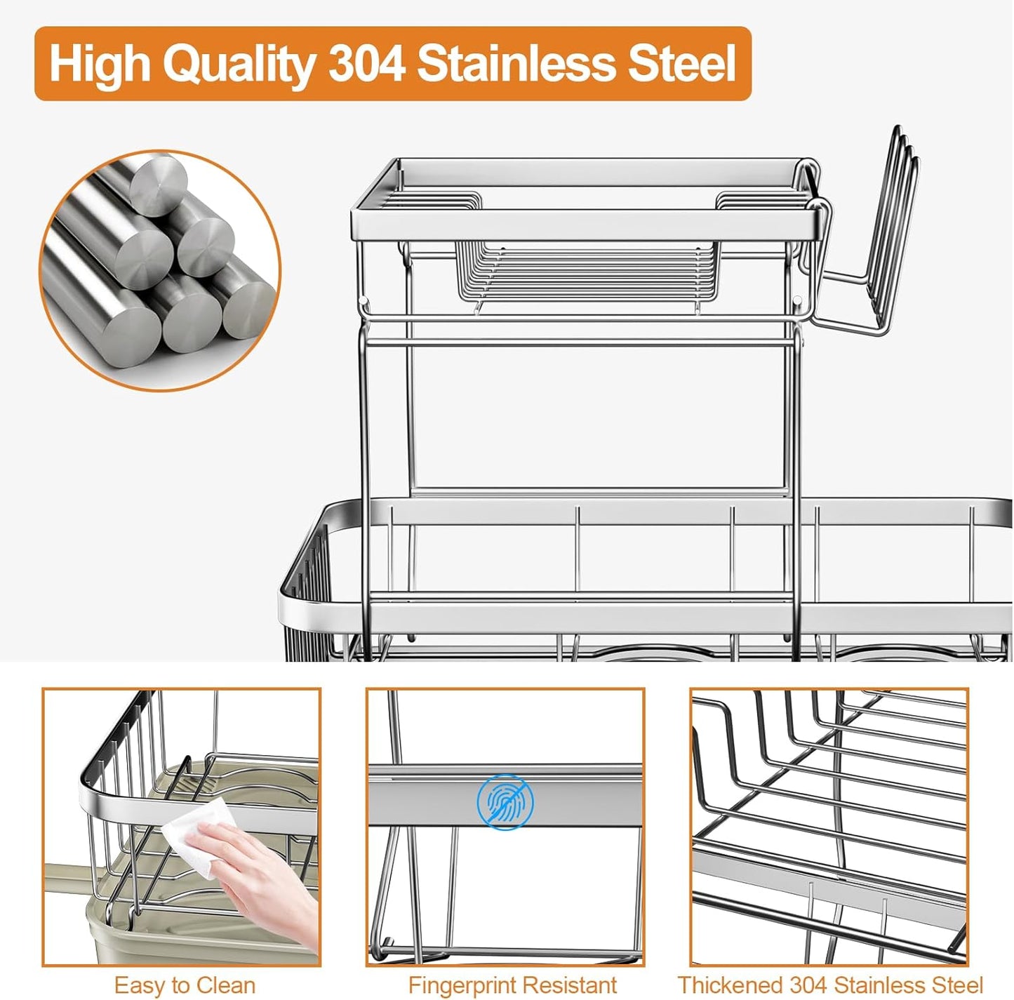 Dish Drying Rack Kitchen 2-Tier 304 Stainless Steel Dish Racks for Kitchen Counter,Dish Strainer with Adjustable Draining Tray,Drying Rack with Water Cup Hook & Cutlery Holder,Grey