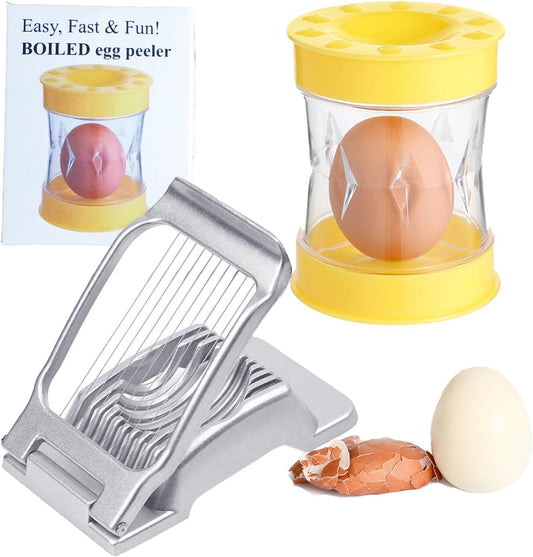 Set of 2 Hard Boiled Egg Peeler + Egg Slicer for Hard Boiled Eggs, Heavy Duty Metal Stainless Steel Egg Cutter for Egg Strawberry Mushroom Soft Fruit Kitchen Tool (Peeler+Slicer (Yellow & Sliver))