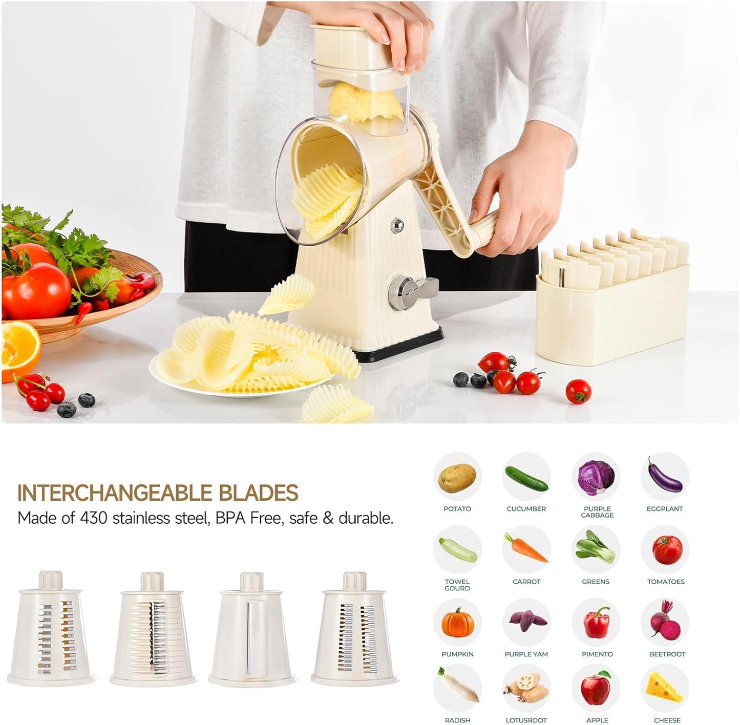 RotaryCheese Grater,VegetableShredder 5 in 1 Cheese Grater with HandleedderReinforcedSuction,EasytoClean,KitchenChopperforCrushedIce,Fruits and Nuts with Blade Storage Case（White