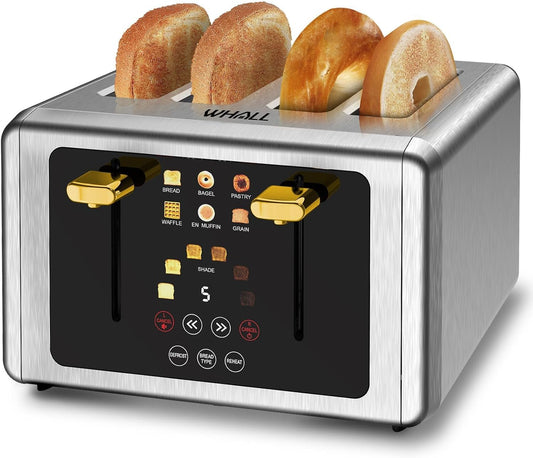 whall 4 Slice Touch Screen Toaster, Stainless Steel Toasters Digital Timer, Dual Control Panel Toasters，6 Shade Settings＆6 Bread Types, Smart Wide Slots, Bagel, Cancel, Defrost,Flat lever White