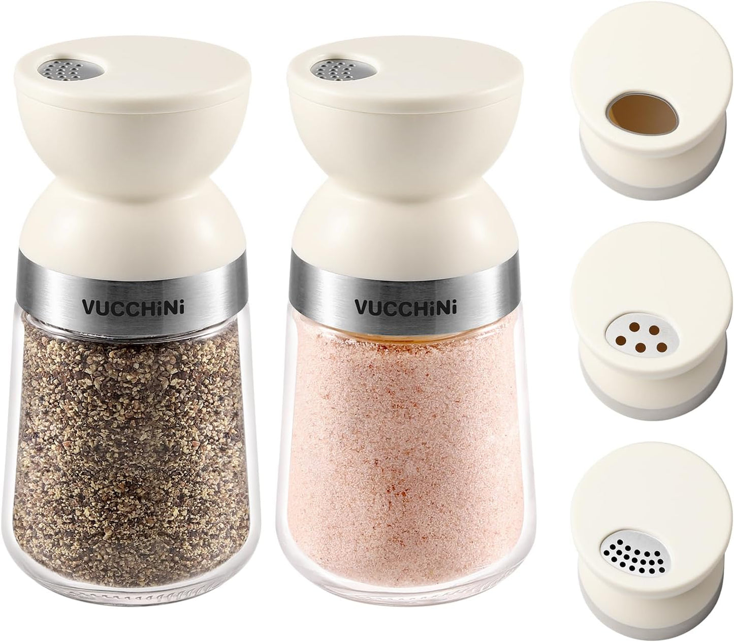 Vucchini Salt and Pepper Shaker Set 3 Adjustable Pour Holes, Dishwasher Safe, 5oz Large Capacity Spice Shaker for Kitchen & Camping (Cream)
