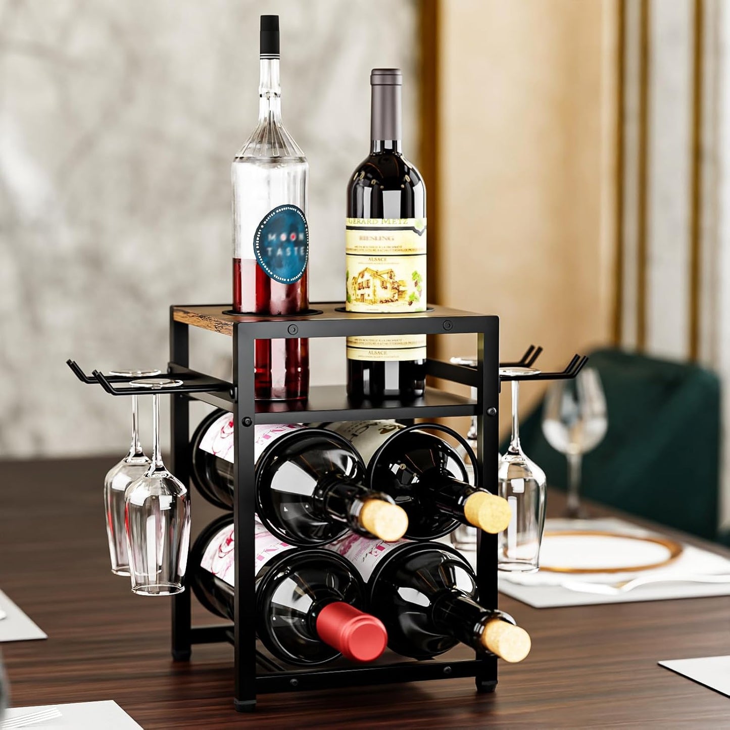 KLM Wine Rack Countertop, 6 Bottle 4 Glass Holder, Modern Wood Storage Stand with Tray, Black