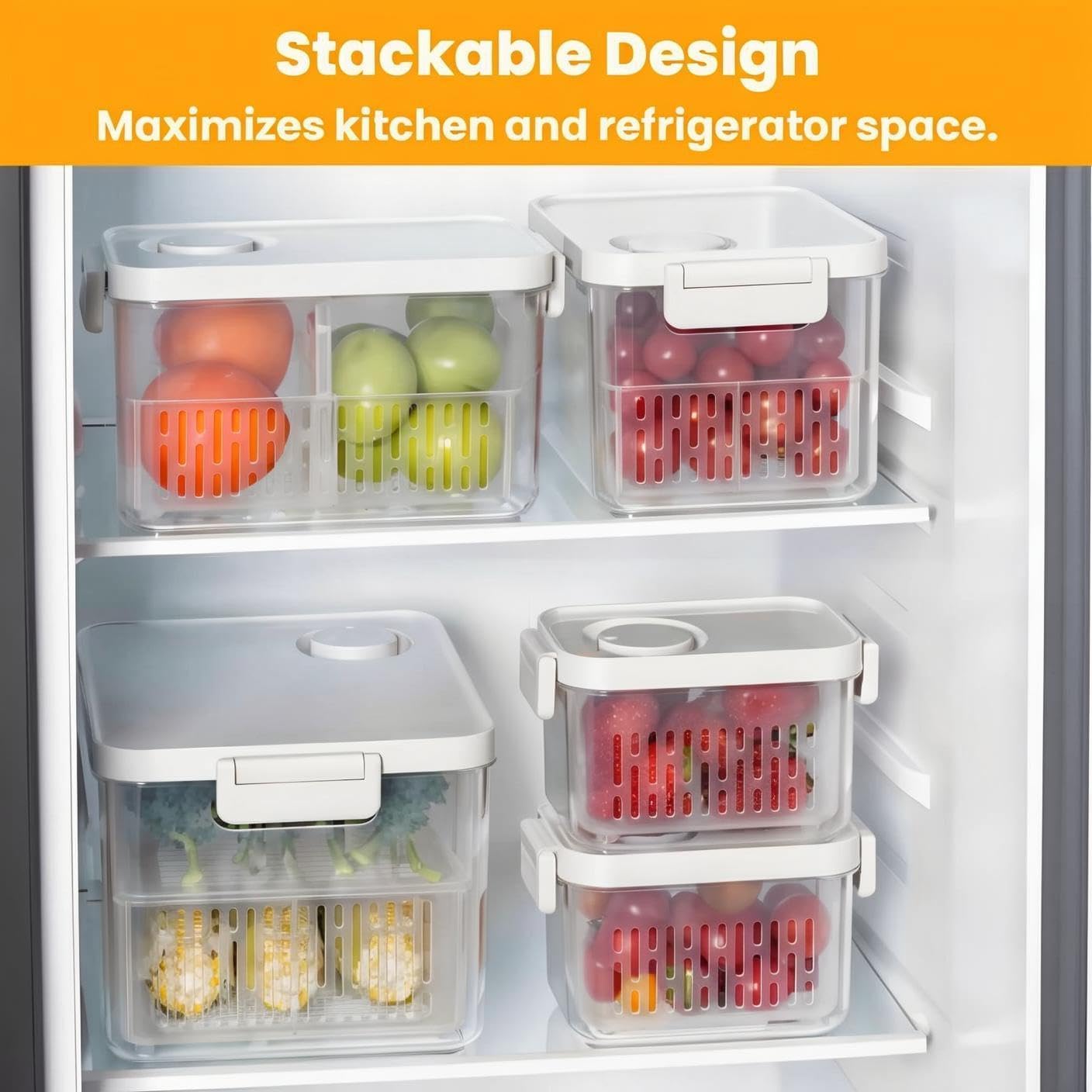 vacane 3 Pack Produce Saver with Removable Colanders, Clear Fruit Containers for Fridge Dishwasher Safe Lettuce Keeper Berry Containers, Keep Vegetable Food Fresh