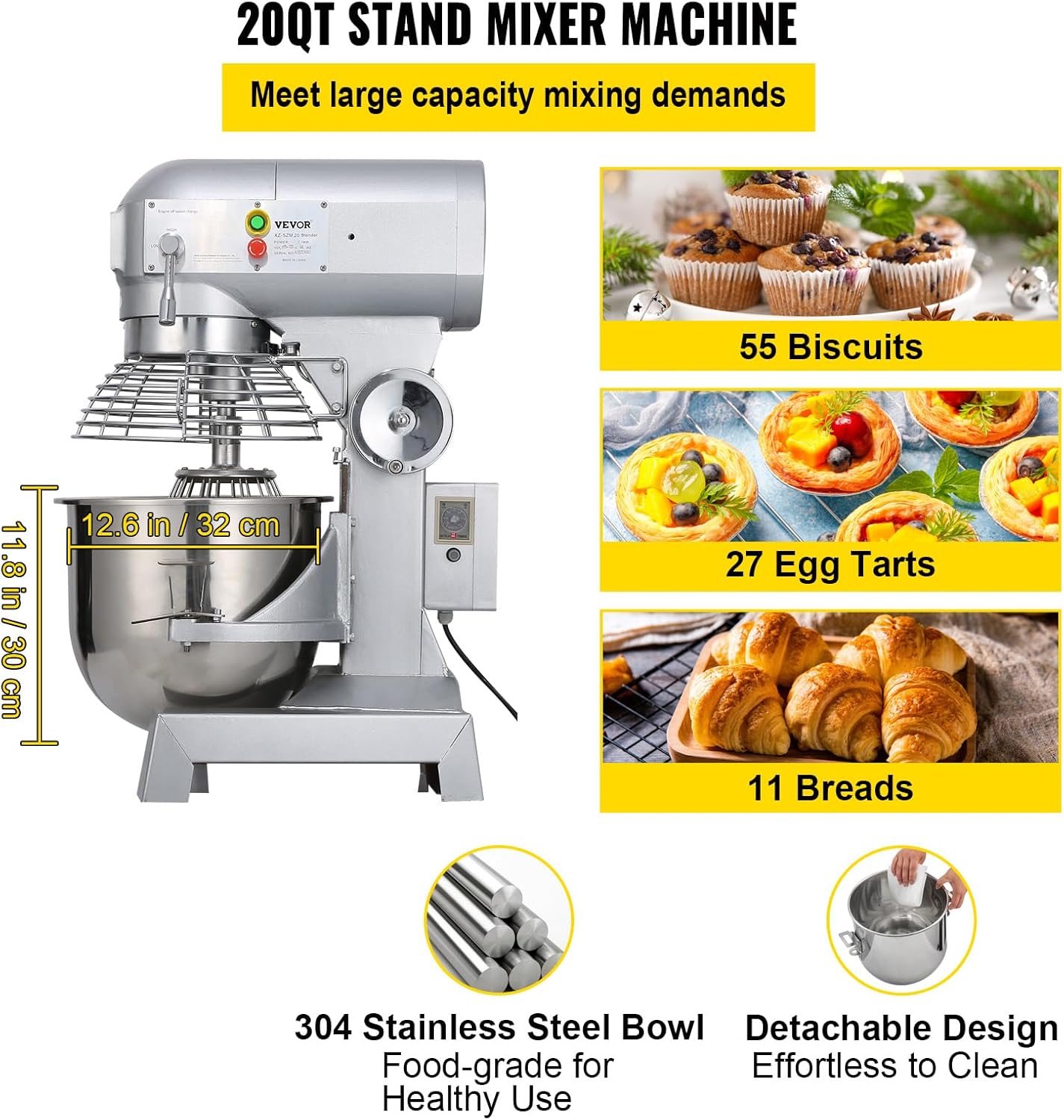 Happybuy 20Qt Commercial Food Mixer with Timing Function， Commercial Mixer 1100W Stainless Steel Bowl Heavy Duty Electric Food Mixer Commercial with 3 Speeds Adjustable, Perfect for Bakery Pizzeria