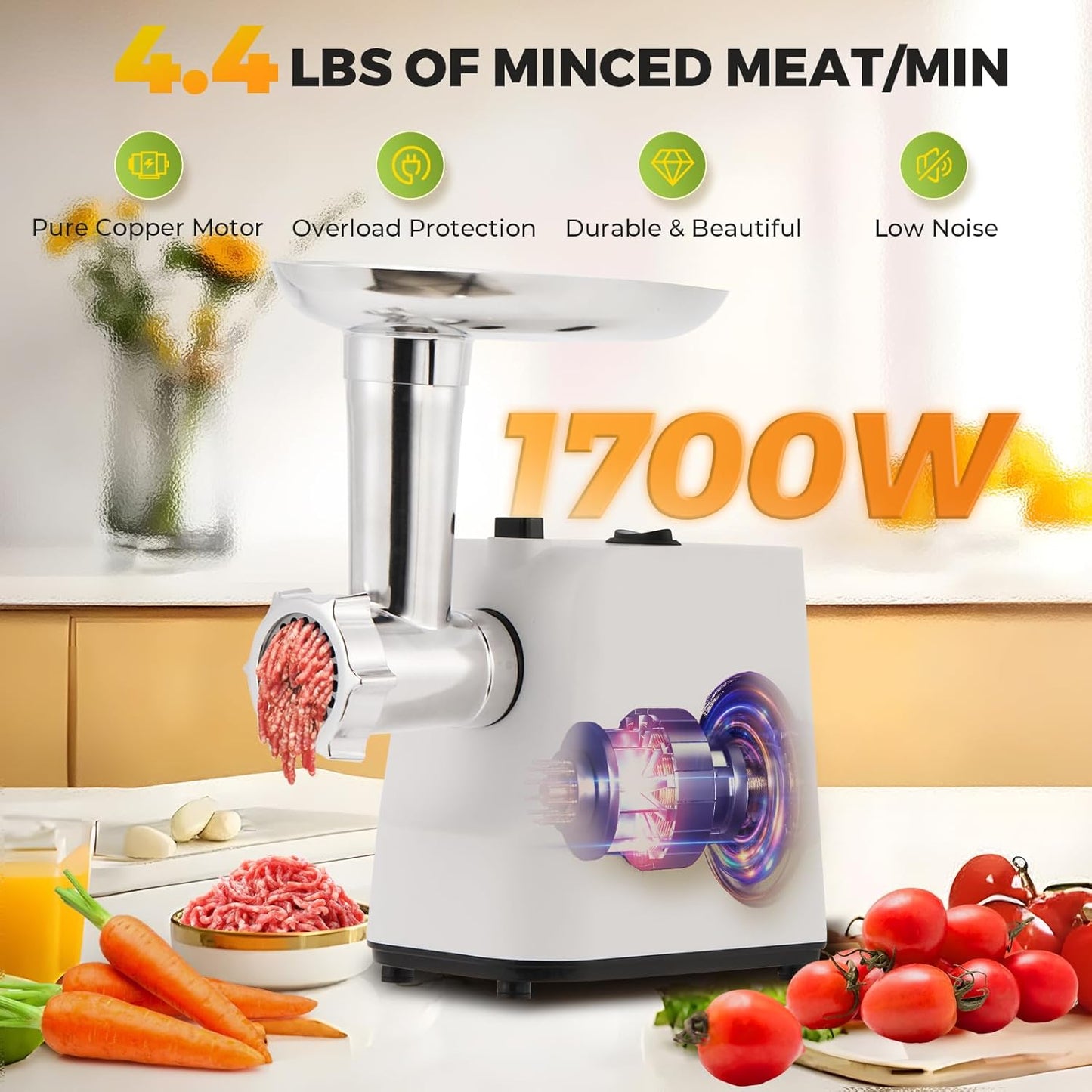 Meat Grinder Electric 9-In-1 Grinder 1700W For Meat with Attachments Sausage Maker, Kubbe Kit Stainless Steel Juicer, 3 Grinding Plates Meat Grinder for Home & Kitchen