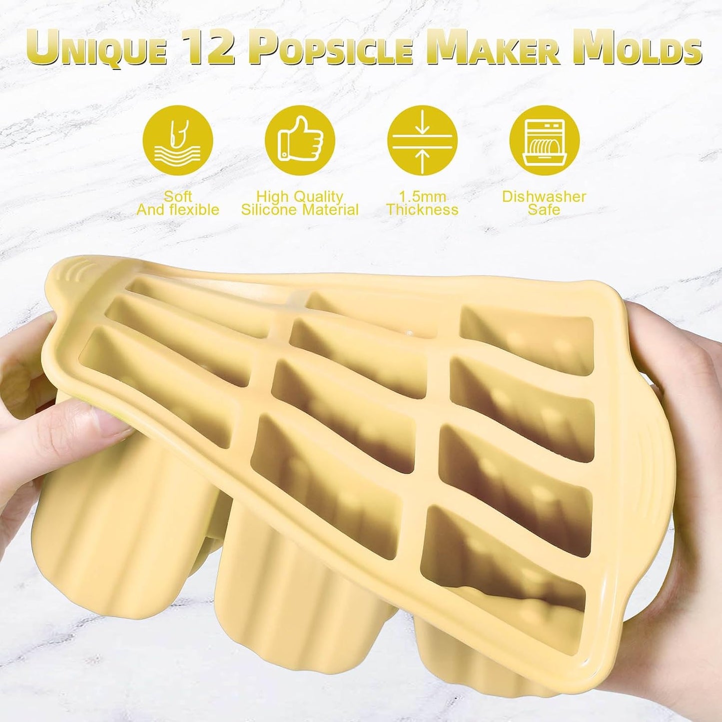 Silicone Popsicles Molds,Ice Pop Cream Mold Set Homemade Toddler Popsicle Maker For Kids Para Paletas De Helado Kulfi BPA Free, with 50 Sticks, 50 Bags,50 wire Ties (Yellow)