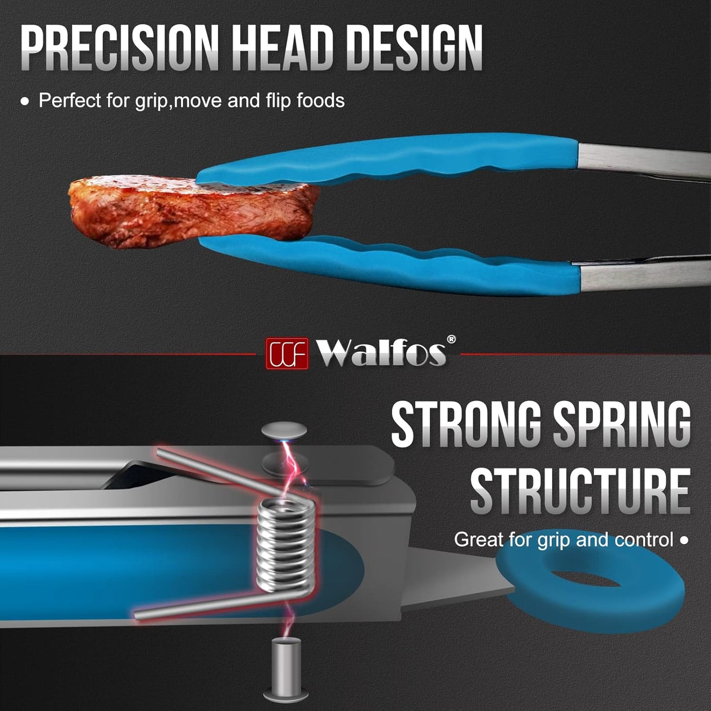 Walfos Kitchen Tongs - 7" 9" and 12" Heat Resistant Food tongs, Thickened Stainless Steel and BPA Free Silicone Tips, Great for Cooking, Grilling, Turning, Dishwasher safe(3 blue silicone tongs)