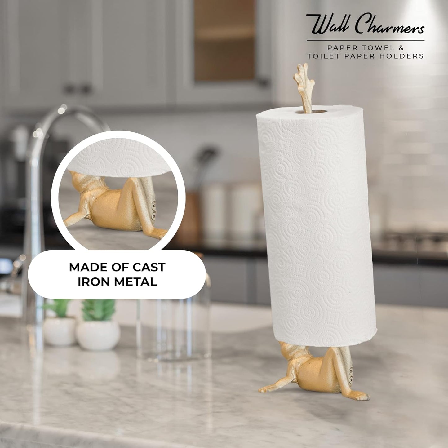 WallCharmers Gold Paper Towel Holder, Metal Toilet or Kitchen Paper Holder for Floor or Countertop, Gold Frog