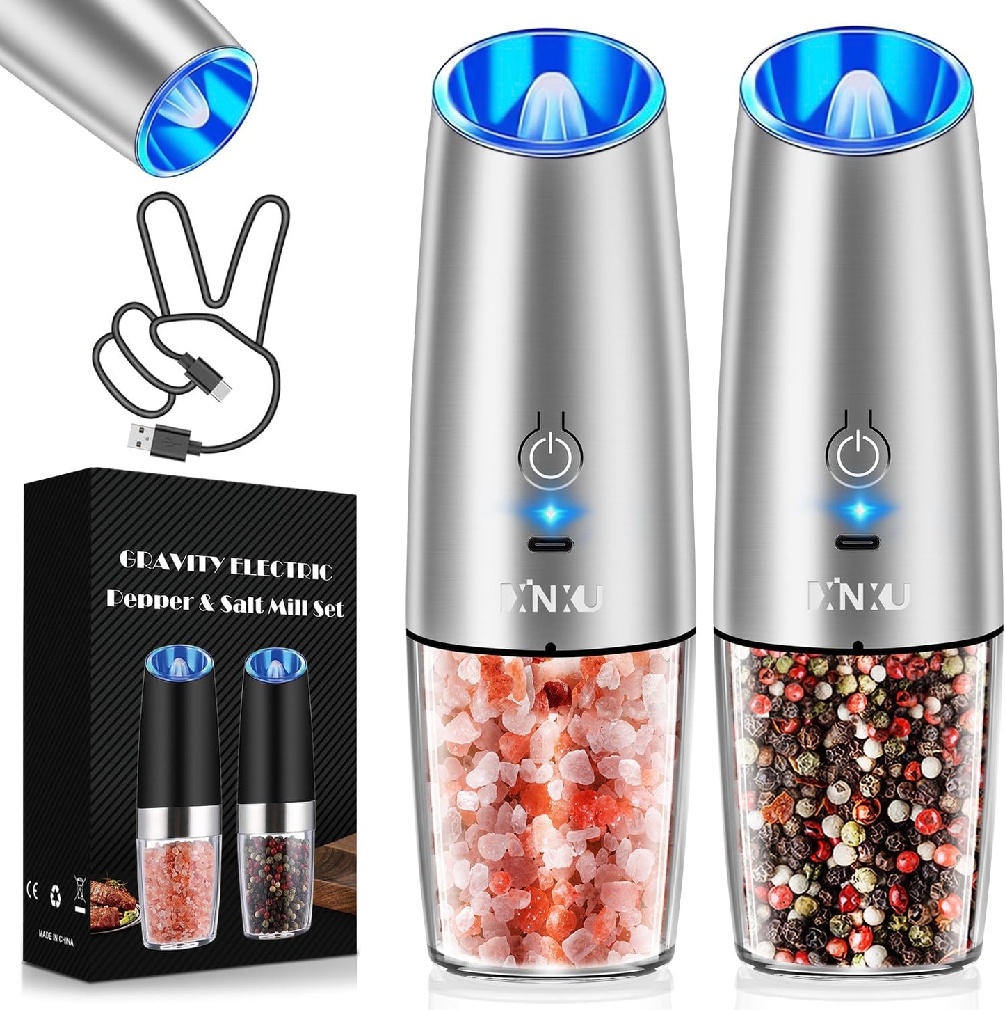 XinXu RECHARGEABLE Pepper and Salt Grinder Set,Automatic Pepper Mill,USB Rechargeable,Adjustable Coarseness,One-handed Operation,Ceramic Burr,Refillable,Auto Grinders Shakers LED Light,Sliver