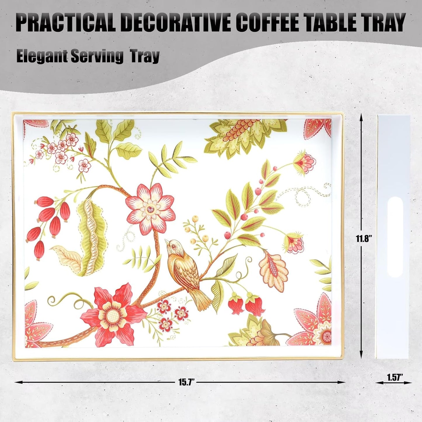 Spsyrine Decorative Serving Tray with Handles, White Lacquered Coffee Table Tray for Ottoman, Rectangle Waterproof Platters for Centerpieces, Parties, Living Room, Kitchen Counter Organization