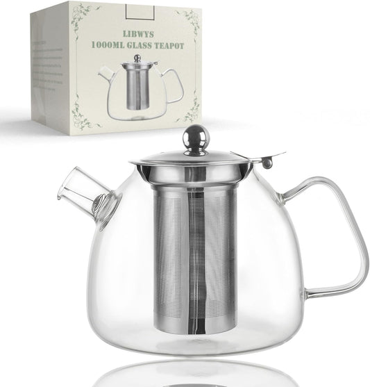 LIBWYS 1000ml(34oz) Glass Teapot, Teapot with Removable Infuser, Stovetop Safe Tea Pot made of Heat-resistant Borosilicate Glass, Blooming and Loose Leaf Tea Maker, Easy to Clean