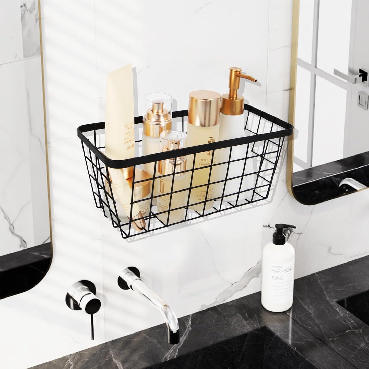 2 Pack Hanging Wall Basket Organizer Over the Cabinet Door Wire Baskets for Organizing -Space-Saving Hanging Baskets for Organizing Wall Mount Storage,No Drilling Adhesive Wall Storage Basket, Black