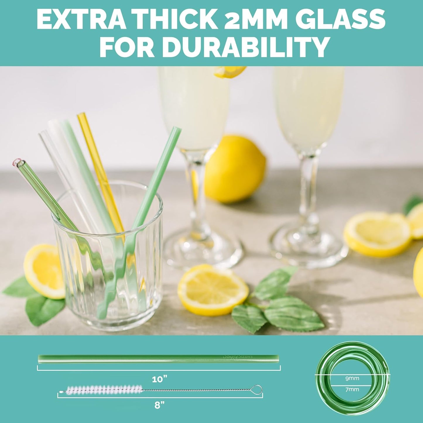 Simply Straws 10 Inch Glass Straws Straight (6-Pack) – Reusable Glass Straws for 24 Oz Mason Jars & Tumblers, with Cleaning Brush – Durable, Dishwasher Safe, Hot & Cold Use, BPA-Free (Cote d'Azur)