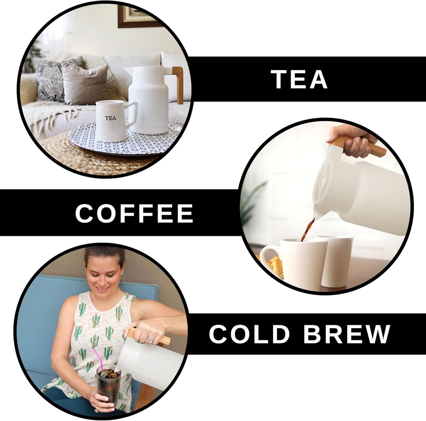 Hastings Collective Thermal Coffee Carafe 50 Oz - Large Stainless Steel Insulated Carafe - 1.5 Liter Double Walled Vacuum Thermos Coffee and Beverage Dispenser with Tea Infuser and Strainer (White)