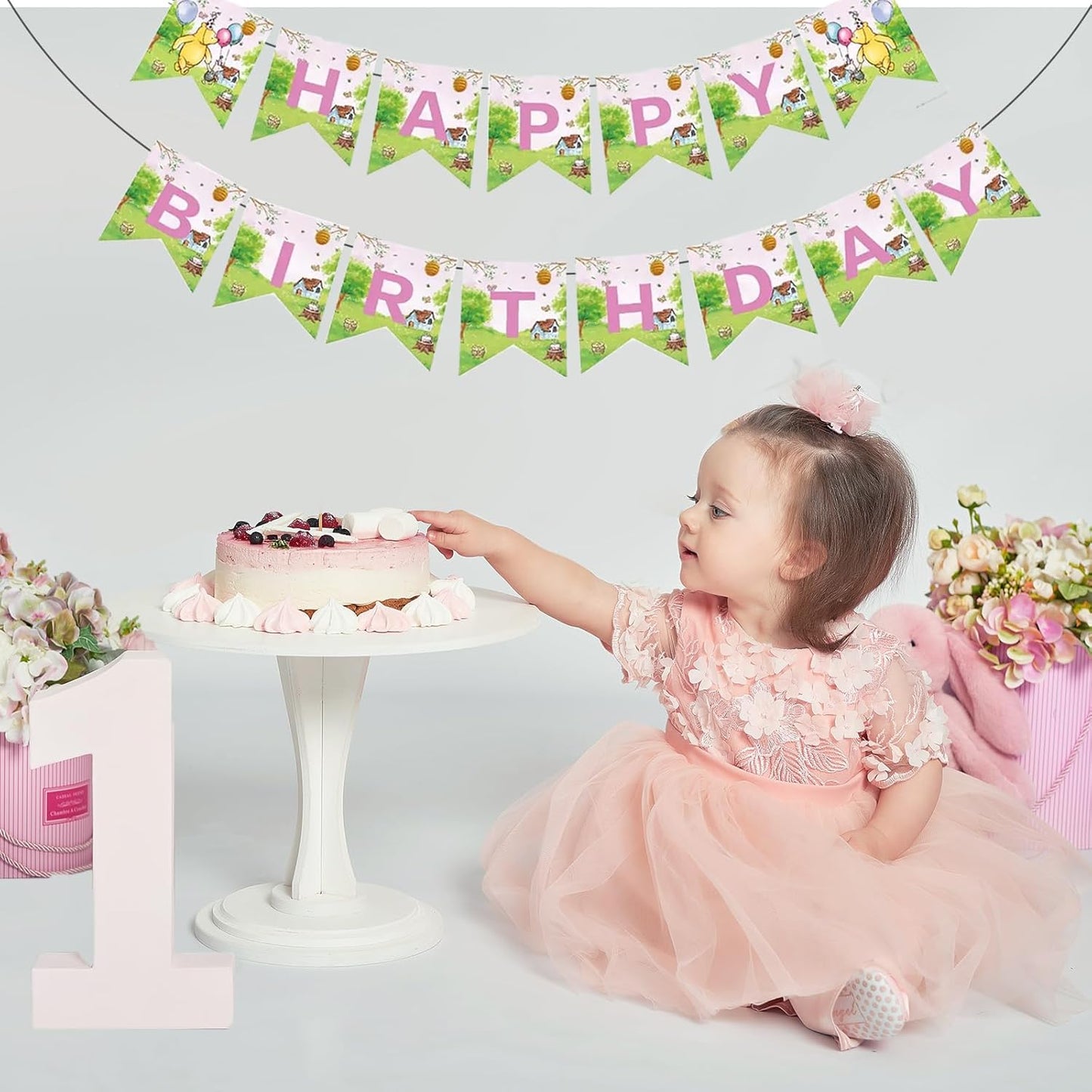 Winnie Birthday Party Banners Classic Pooh Happy Birthday Decoration Banners Signs for Kids Girls 1st Baby Shower Decorations Winnie Birthday Party Supplies