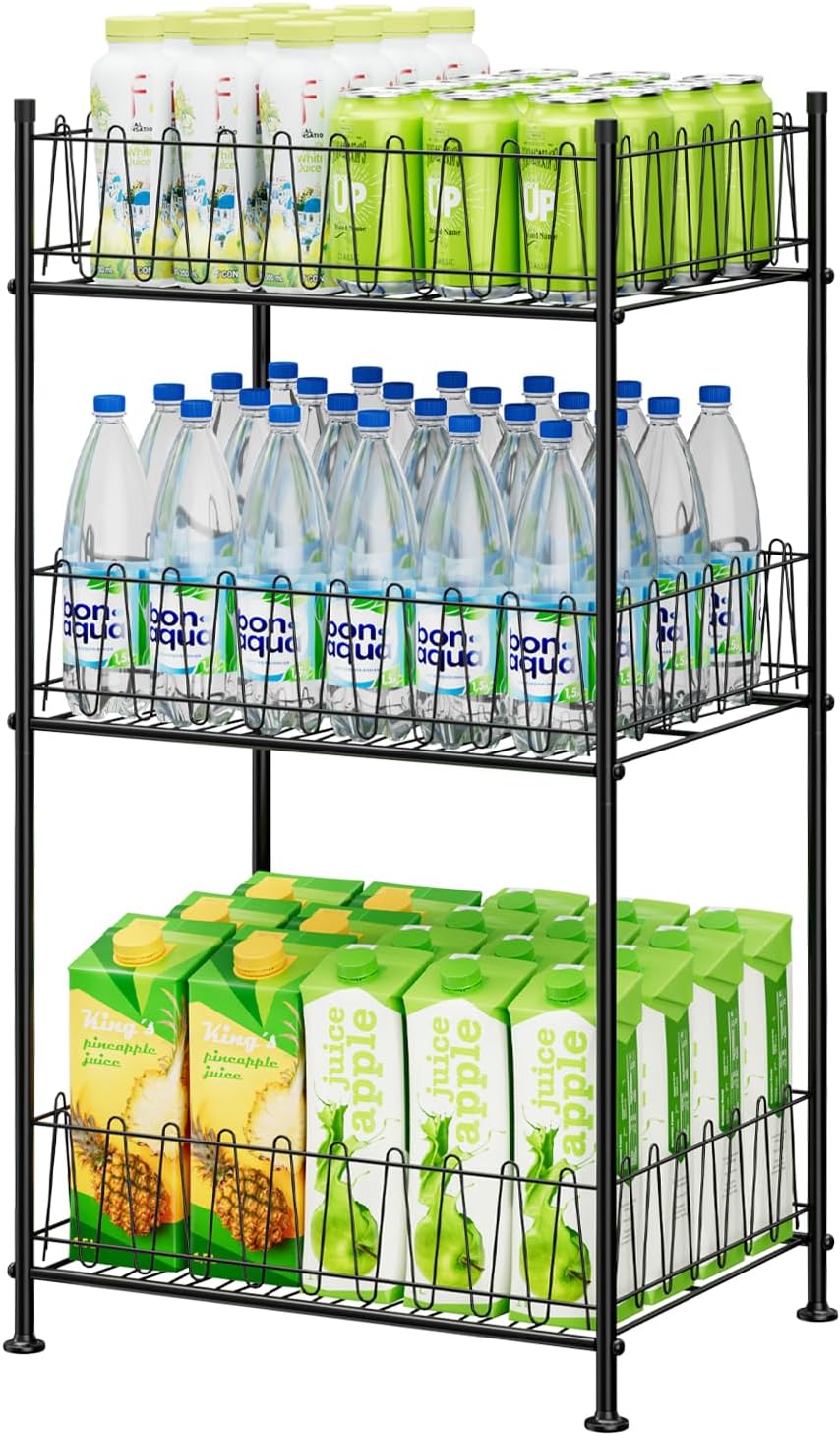 Water Bottle Organizer 3 Tier Freestanding Water Bottle Holder Storage Rack Metal Drink Beverage Soda Can Organizer Shelf Stand for Floor Pantry Kitchen Classroom Food Storage, Black