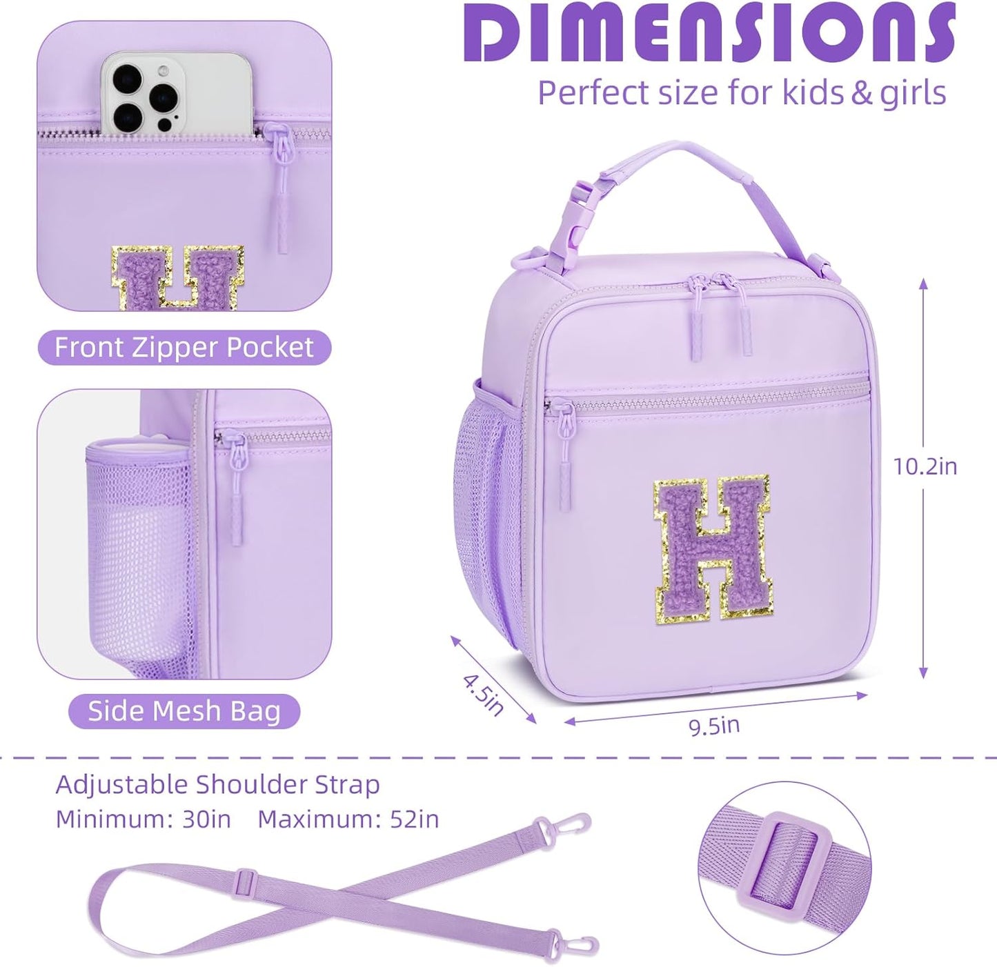 Initial Insulated Lunch Bag for Girls Kids, Back to School Gift, Reusable Leak-proof Lunch Box with Adjustable Strap for School Daycare Travel Picnic (Purple,H)
