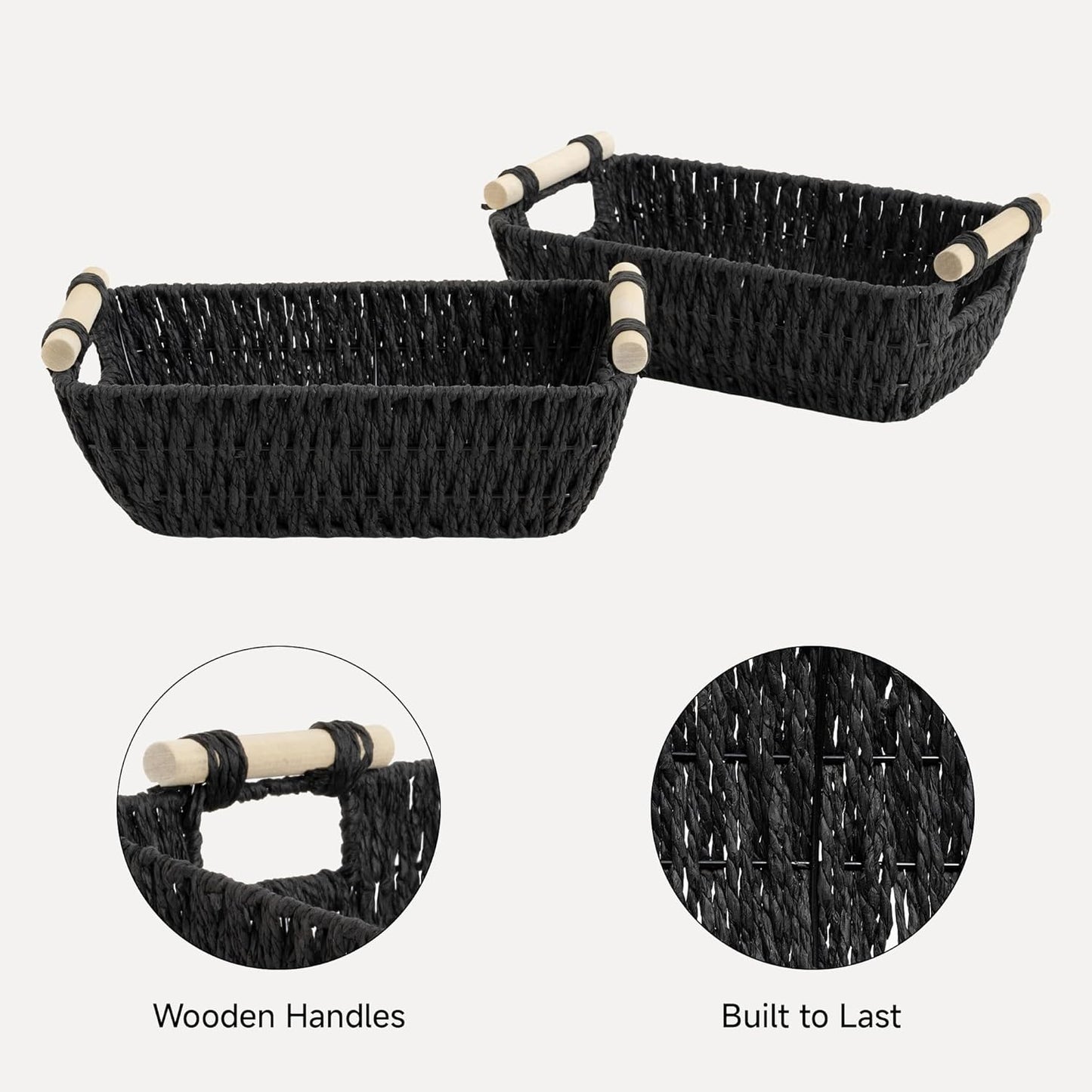 StorageWorks Black Wicker Storage Basket for Organizing with Wooden Handles, Small Woven Basket for Bathroom, Toilet Paper, 2-Pack