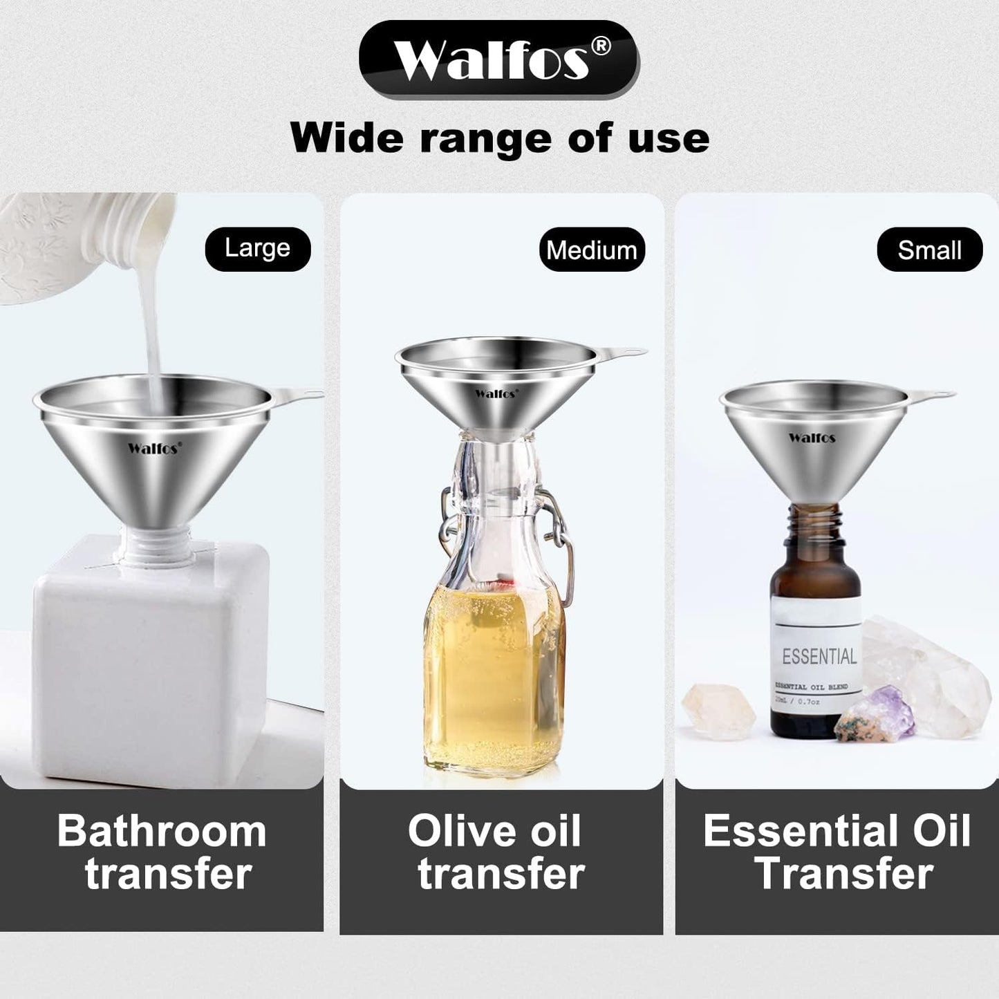 WALFOS Mini Stainless Steel Funnels, Multi-use Small Kitchen Funnel Set, for Transferring Liquid, Fluid, Essential Oils, Powder,Tiny Spices,Long-Lasting and Dishwasher Safe (3 in、2.2 in、1.7in)